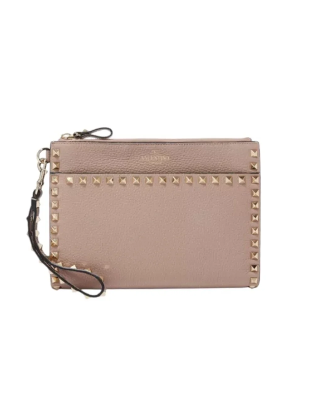Valentino Garavani Rockstud Flat Pouch Bag Purse Clutch Womens Poudre Leather